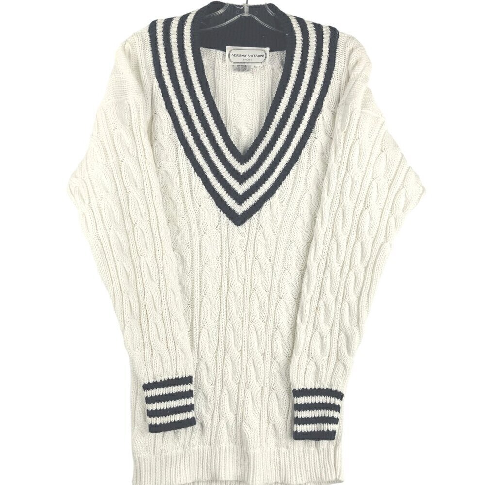 Vittadini Tennis/ cricket v neck cable sweater large white navy trim unisex
